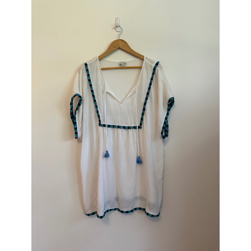 J. Crew White Cotton Gauze Fringe Trim Tassel Cover Up Tunic | Size XXL